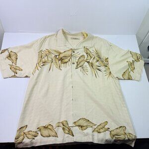 Tommy Bahama 100% Silk Mens XL Ivory Floral Tropical Hawaiian Aloha Short Sleeve